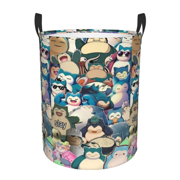 Snorlax Laundry Basket Foldable Circular Dirty Clothes Toys Storage Organizer Bin Basket with Handles, Round Hamper For Bedroom Livingroom Bathroom