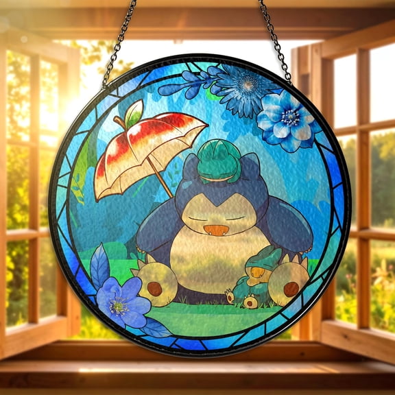 Snorlax Stained Glass Suncatcher Round Snorlax Window Hanging Decor, Blue Cream Glass Art for Anime Lovers, Gamer Gift, Snorlax Lover Decor