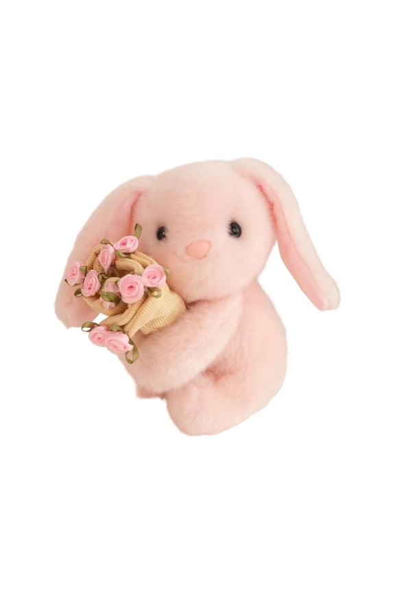 Snot Bear Embracing Flower Rose Table Decor, Small Rabbit and Bear Knitted Flower Keychain Pendant Bag Charm, White Pink Brown Plush Toy, Cute Home Decoration