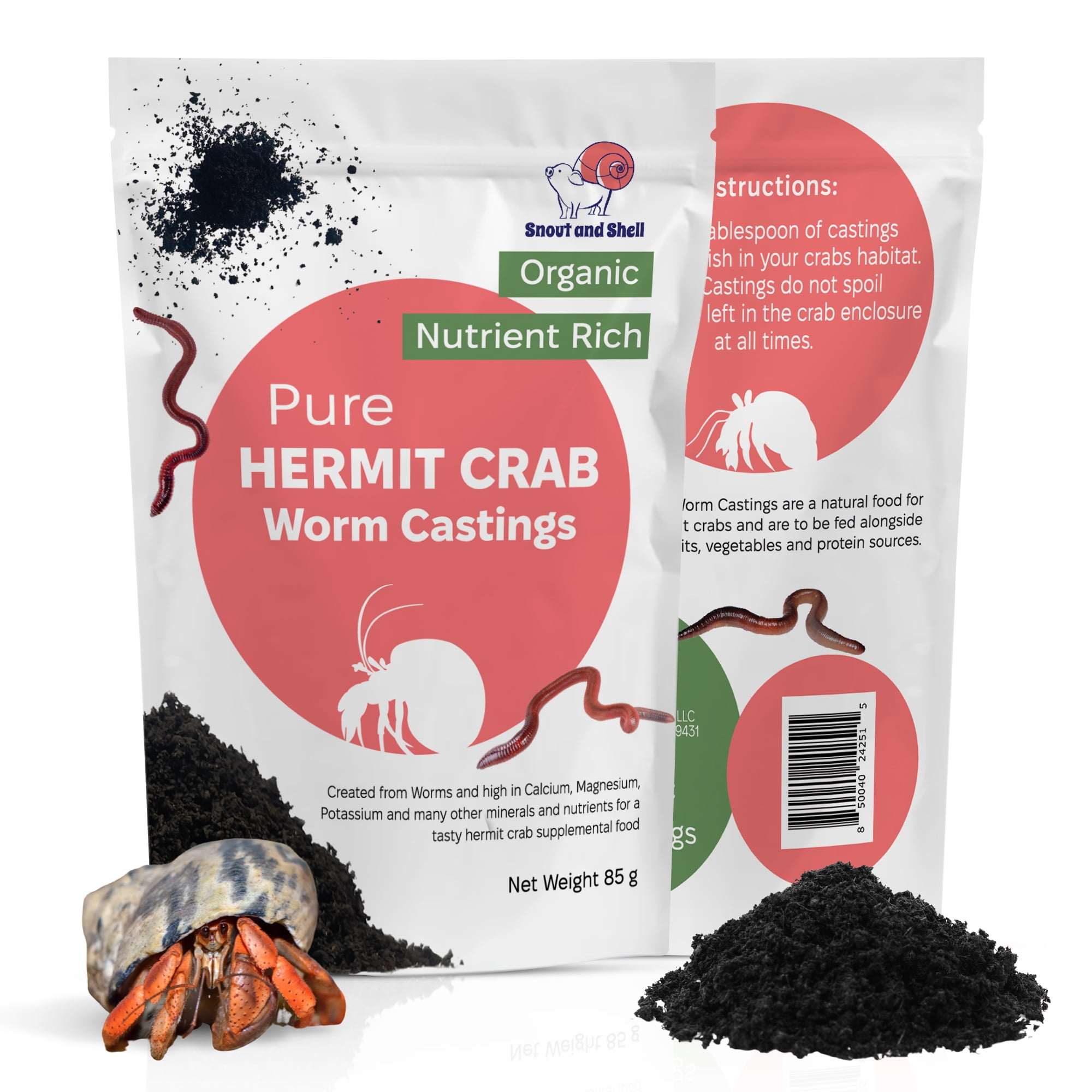 Snout and Shell Organic Pet Hermit Crab Food Worm Castings - 85 Grams