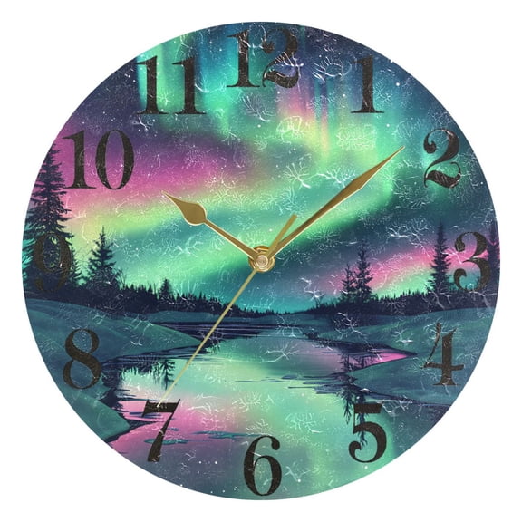 Snow Aurora Round Wall Clock Battery Operated Silent Non-Ticking Bedroom Office Kitchen Home School Decor 10"(Gold)