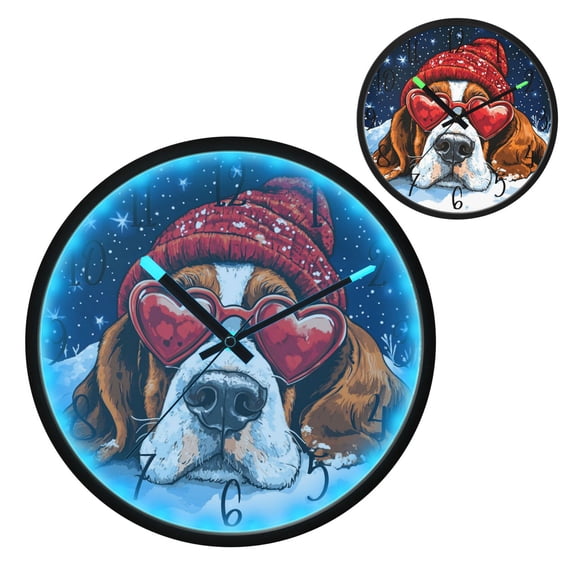 Snow Basset Hound Luminous Wall Clock with Sound-Activated LED 12-Inch Silent Acrylic Timepiece for Bedroom Livingroom or Office