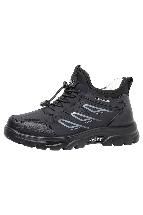 Snow Boots for Men Thickened Warm Comfy Furry Lined Winter Hiking Shoes Adjustable Strappy Fashion Waterproof Leather Outdoor Sneakers Black Size 10.5