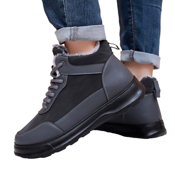 Snow Boots for Men Trendy Splice Leather Warm Furry Lined Thick Soft Sole Lace up Winter Flat Walking Shoes Cold Weather Outdoor Sneakers Gray Size 10