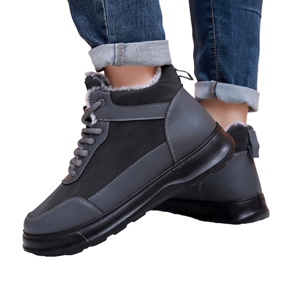 Snow Boots for Men Trendy Splice Leather Warm Furry Lined Thick Soft Sole Lace up Winter Flat Walking Shoes Cold Weather Outdoor Sneakers Gray Size 9.5