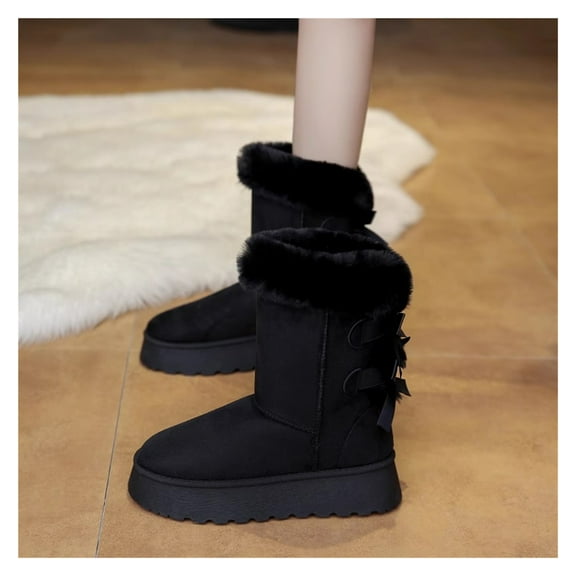 Snow Boots Mid-Calf Winter Shoes with Bows,Fuzzy Snow Boots Fur Lined Ankle Booties Warm Boots for Women,Ladies Indoor Outdoor House Shoes