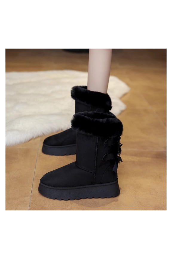 Snow Boots Mid-Calf Winter Shoes with Bows,Fuzzy Snow Boots Fur Lined Ankle Booties Warm Boots for Women,Ladies Indoor Outdoor House Shoes