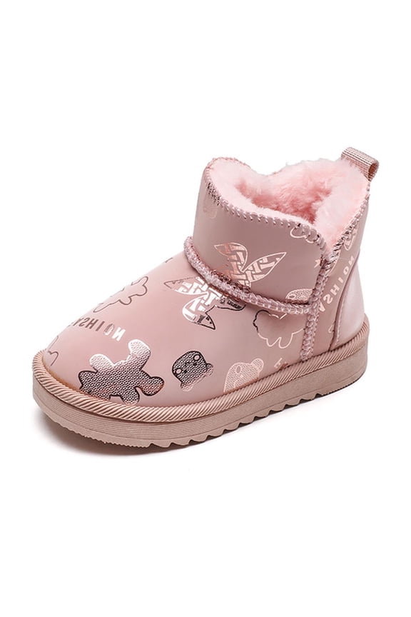 Snow Boots Winter New Edition Bear Print Leather Fleece Lined Short Warm Thermal Insulated Cute Boots for Fun Outings