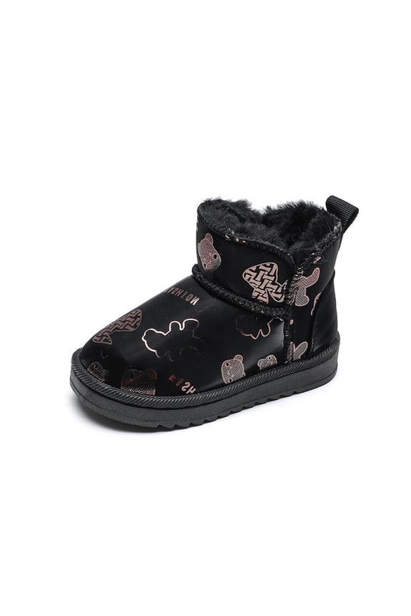 Snow Boots Winter New Edition Bear Print Leather Fleece Lined Short Warm Thermal Insulated Cute Boots for Fun Outings