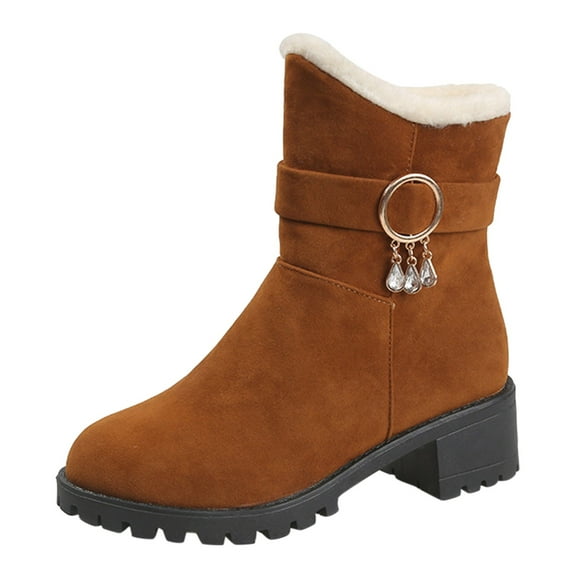 Snow Boots for Women,Fashion Winter Women Boots with Thick Medium Heel Non- Sole Comfortable Side Zipper and Rhinestone,Winter Boots for Women,Brown,7.5