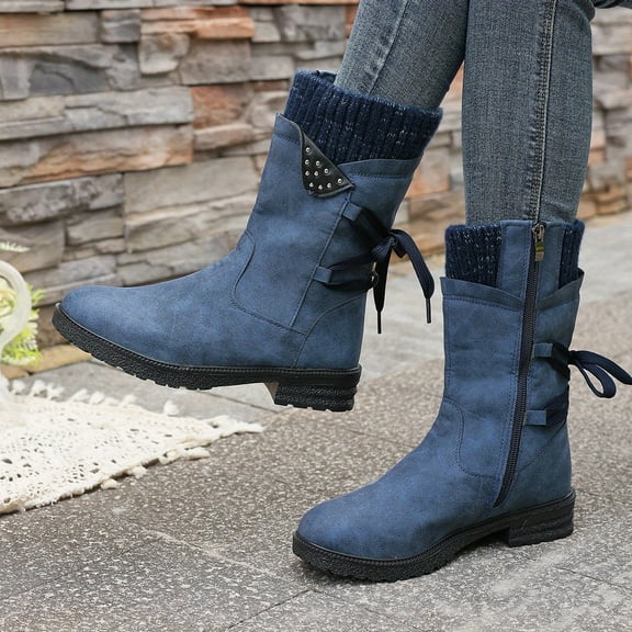Snow Boots For Women Winter Warm Round Toe Lace Up Boot Western Platform Cowboy Boots Hiking Booties Non Slip Warm Outdoor Mid Calf Boots Shoes (Blue,37)
