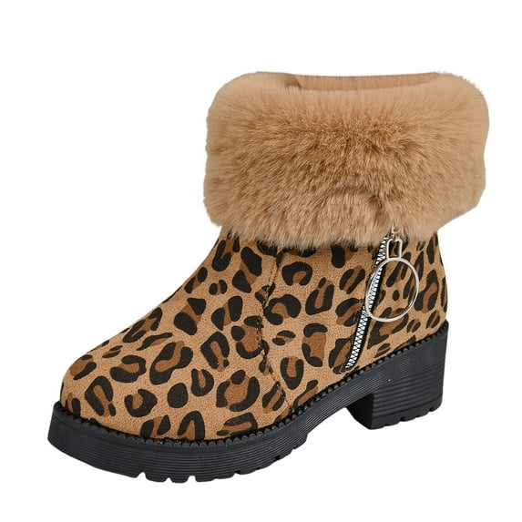Snow Boots for Women,Women's Fashion Winter Boots with Leopard Print Side Zipper and Thick Heel for Cold Weather Outdoor Comfort,Winter Boots for Women,Brown,8.5