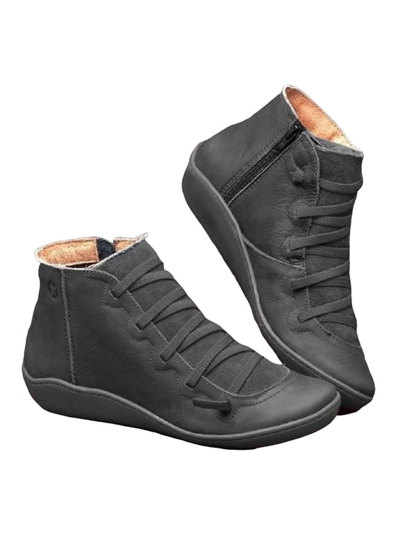 Snow Boots Women's Boots Vintage Casual Short Ankle Boots Arch Support Fashion No Heel Lace Up Side Zipper Retro Booties Comfortable Slip On Flat Shoes