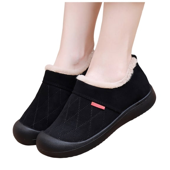Snow Boots for Women Casual Suede Low Top Winter Slip on Loafers Comfy Plush Warm Thick Soft Sole Outdoor Walking Shoes Black Size 9