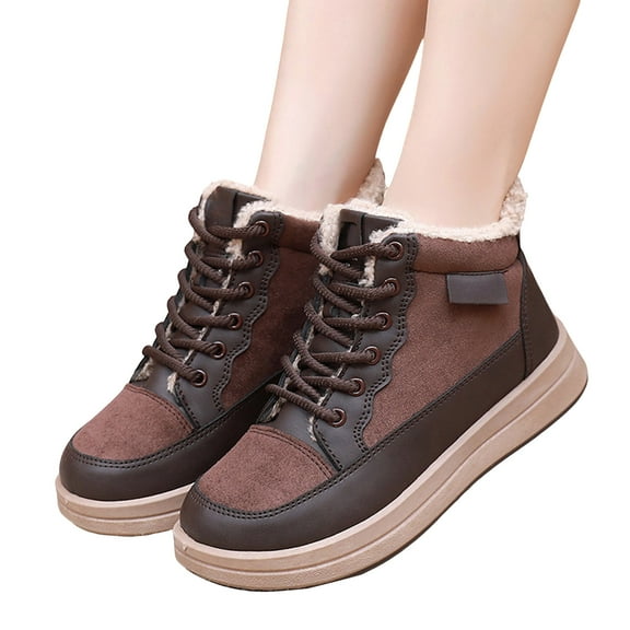 Snow Boots for Women Casual Winter Fuzzy Lace up Walking Shoes Comfortable Platform High Top Sneakers Brown Size 6