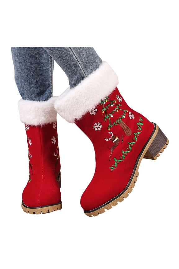 Snow Boots for Women Cute Christmas Tree Reindeer Embroidery Holiday Dress Plush Warm Winter Booties Lug Sole Stacked Mid Heel Pull on Mid Calf Boots