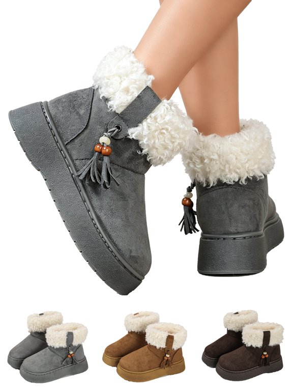 Snow Boots for Women Fleece Cuff Chunky Sole Warm Winter Ankle Boots for Skiing