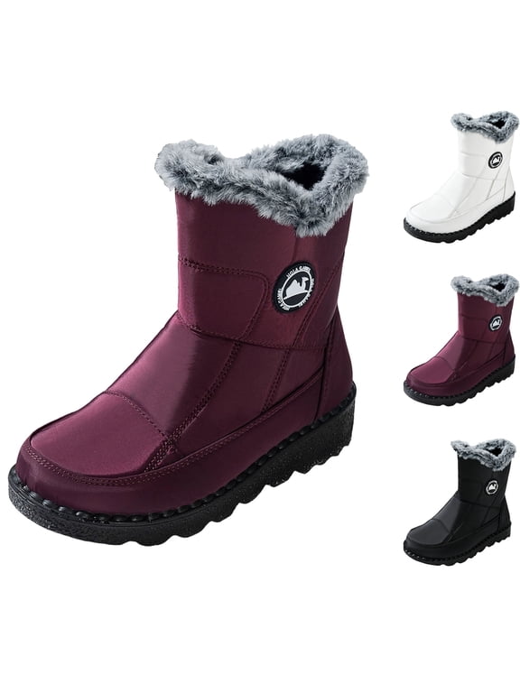 Snow Boots for Women Mid Calf Faux Fur Lined Side Zipper Boots Non Slip Warm Winter Cozy Outdoor Flat Shoes