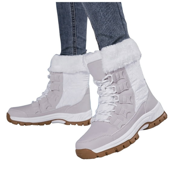 Snow Boots for Women Thickened Warm Lace up Winter Hiking Booties Trendy Splice Leather Furry Lined Nonslip High Top Ankle Boots White Size 8