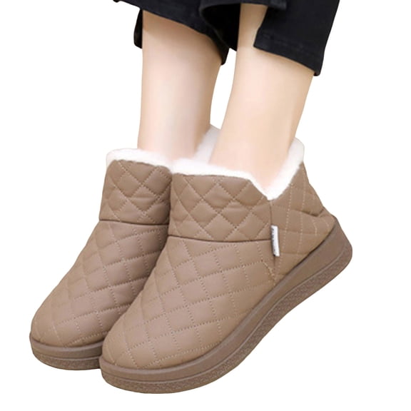 Snow Boots for Women Trendy Quilted Furry Lined Slip on Booties Comfy Thick Soft Sole Winter Casual Walking Shoes Khaki Size 7