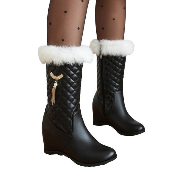 Snow Boots for Women Trendy Quilted Leather Rhinestone Fringe Hidden Wedge Zip up Mid Calf Warm Furry Lined Winter Booties