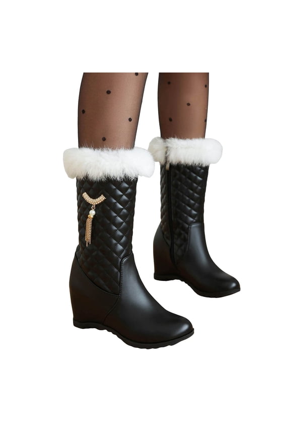 Snow Boots for Women Trendy Quilted Leather Rhinestone Fringe Hidden Wedge Zip up Mid Calf Warm Furry Lined Winter Booties