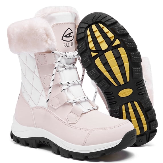 Snow Boots for Women Waterproof Outdoor Extra Wide Hiking Shoes Winter Warm Mid Calf Boots Pink 9.5