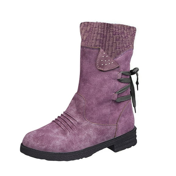 Snow Boots for Women,Women's Mid Calf Boots with Retro Lace Up Design and Thick Heel for Casual Winter Wear,Winter Boots for Women,Purple,7.5