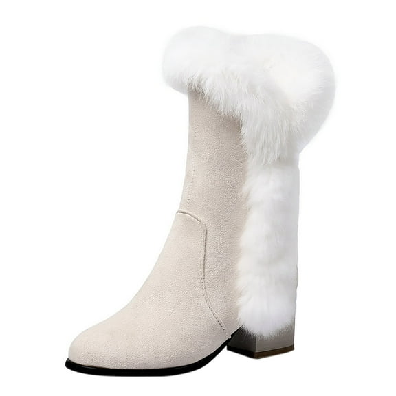 Snow Boots for Women,Women's Winter Warm High Heeled Boots with Thick Heel and Medium Shaft for Cold Weather,Winter Boots for Women,Beige,7