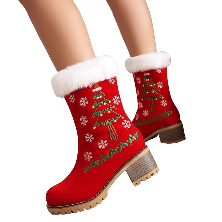 christmas dress boots Snow for Women Xmas Tree Embroidery Casual Suede Plush Mid Calf Lug Sole Stacked Heel Long Boots Winter Holiday Booties Size:4'9