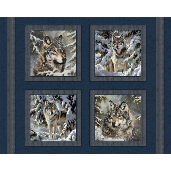 Snow Bound Wolves Pillow Panel Cotton Fabric