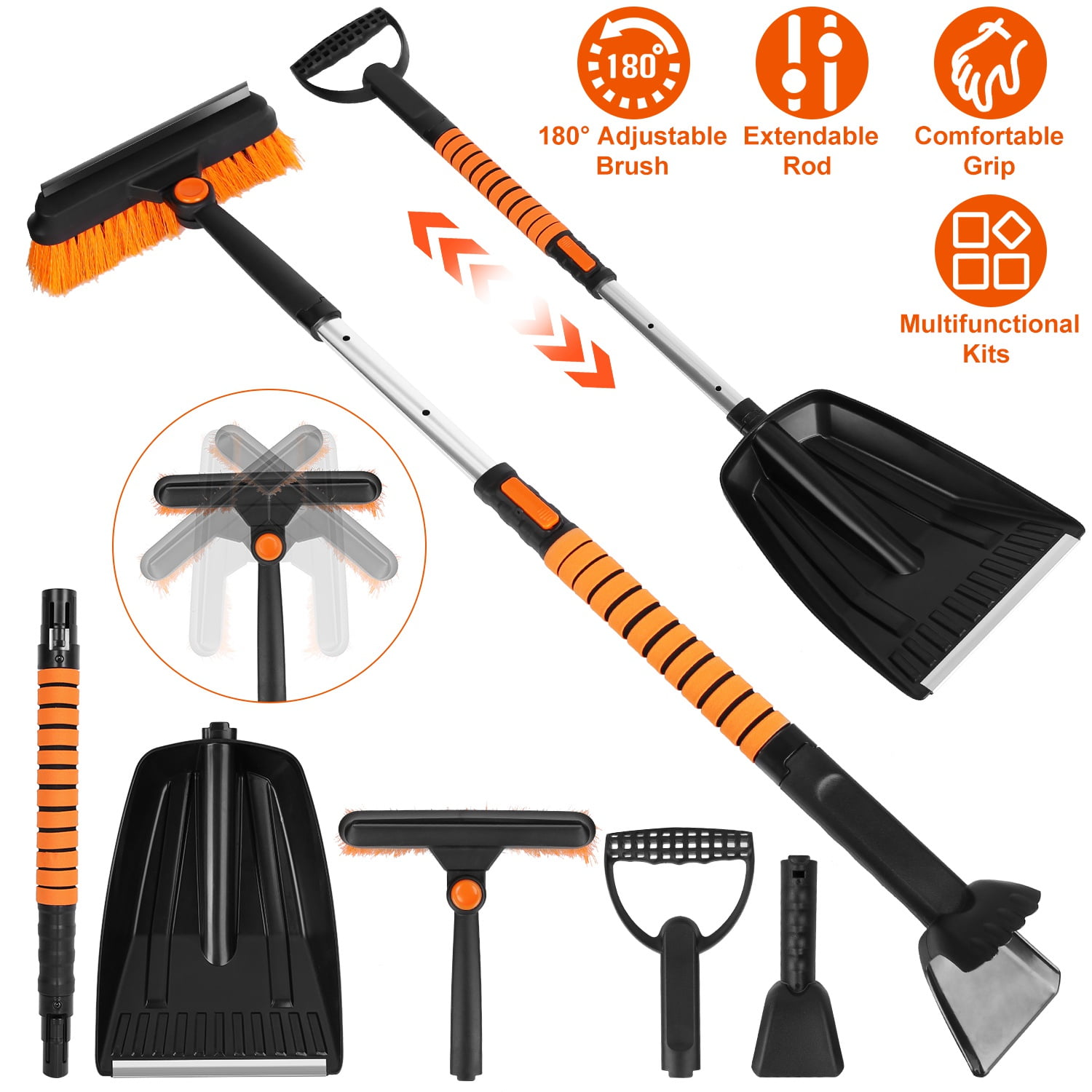 iMounTEK 3 in 1 Windshield Ice Scraper Extendable Car Snow Removal Tool Telescoping Car Broom Snow Shovel Automobile Frost Removal, Orange