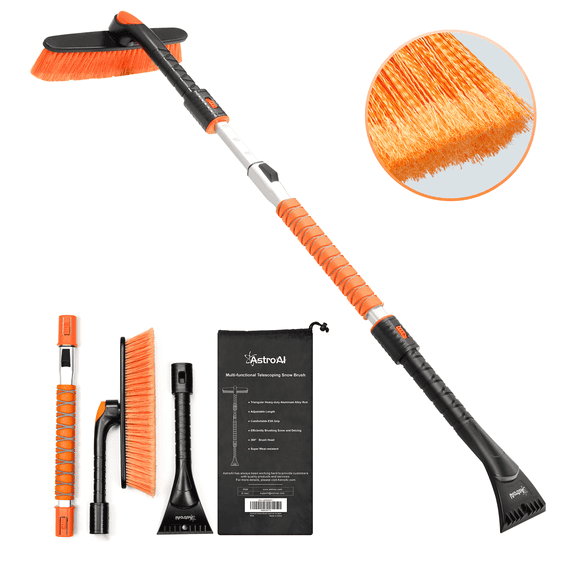 Snow Brush and Extendable 47.2" Ice Scraper, Snow Broom with 360° Pivoting Head and Foam Grip for Car, Orange