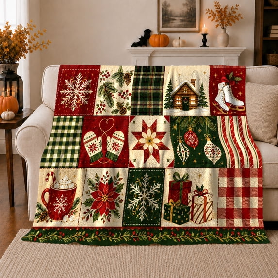Snow Cabin Skates Patchwork Classic Christmas, Festive Holiday Scene, Warm Flannel Blanket for Cabin and Lodge with Detailed Artwork, Art Lovers Christmas Gift, Festive Home Decor