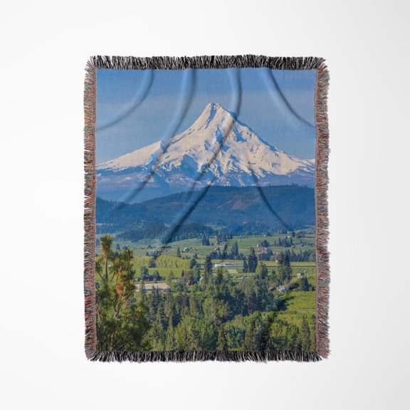 Snow Capped Mount Hood Dominates Over The Green Valley, Oregon, Woven Blanket