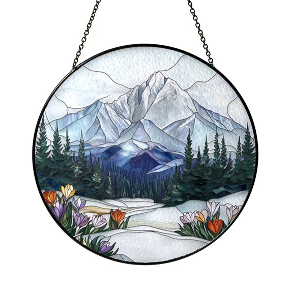 Snow Capped Mountain Crocus Field Stained Glass Window Decor, Fresh Spring Nature Art Gift