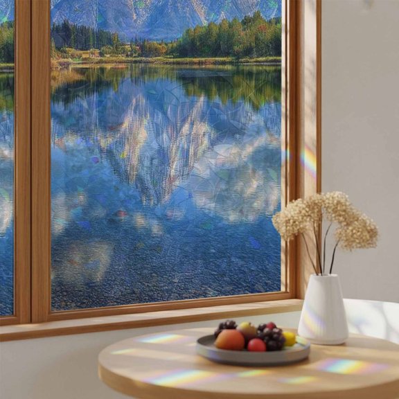 Snow Capped Mountain Window Privacy Film,Heat Control Sun Blocking Static Cling Rainbow Film,Lake Reflection Non-Adhesive Glass Sticker Door Window Tint,17.7" x 39.3"