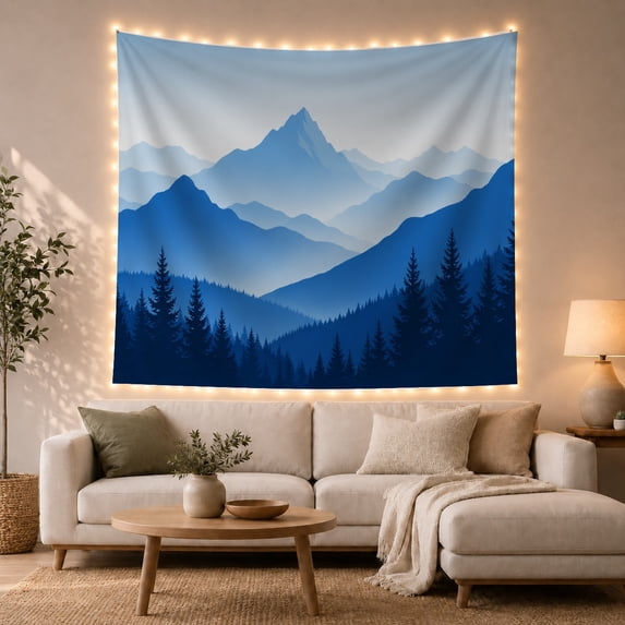 Snow-Capped Peak Above Layered Blue Ridges, Calming Minimalist for Nature Lovers, Mountain Wall Art, Housewarming Gift, Tapestry Wall Hanging for Bedroom and Living Room