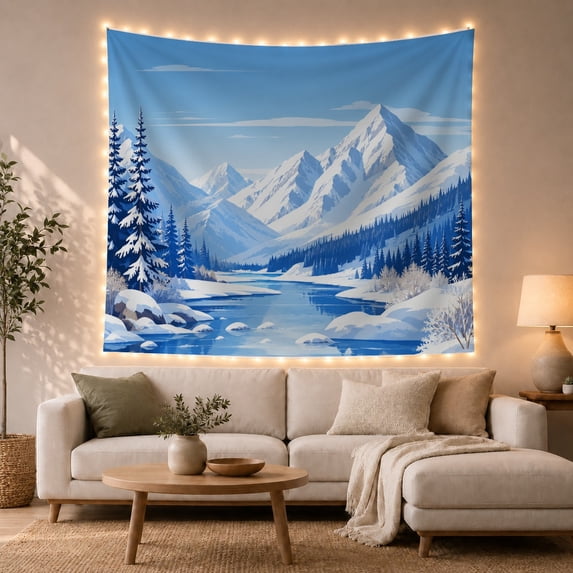 Snow-Capped Peaks with Winding River and Evergreen Forest, Serene Illustration for Nature Lovers, Landscape Wall Art Decor, Christmas Gift Tapestry Wall Hanging for Bedroom and Living Room
