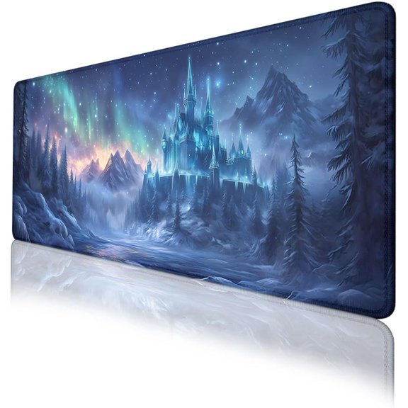 Snow Castle Gaming Mouse Pad Northern Lights Fantasy Ice Magic Mousepad Extended Large Laptop Keyboard Non-Slip Rubber Base with Stitched Edges for Home 31.5"x11.8"