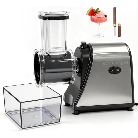 Snow Cone Machine & Shaved Ice Machine, Crushed Maker in Stainless Steel Metal Design with Pick Tray  Powerful Motor, Sharp Blades, Fast Shaving for Home, Parties