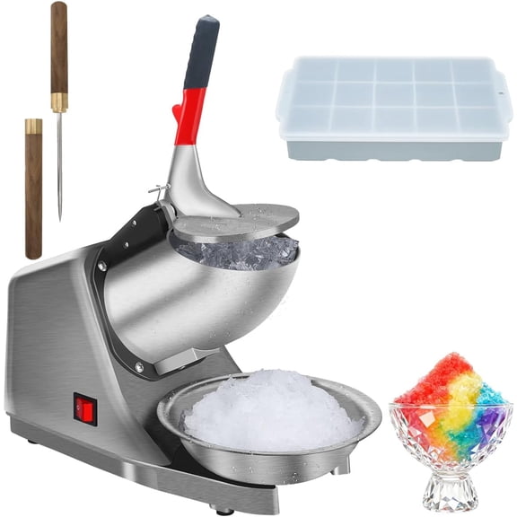 Ice shaver/snow cone maker/ice crusher with stainless steel blades, electric kitchen appliance, suitable for making shaved ice and snow cones (300 watts, 2000 rpm).