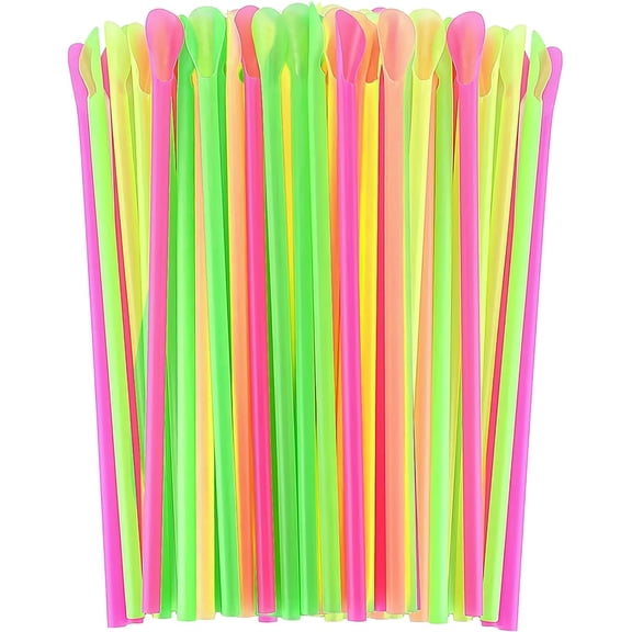 Snow Cone Spoon Straws, Disposable Shaped Plastic Drinking Straws for Shaved Ice Milk Tea Milkshake, 100 Pack