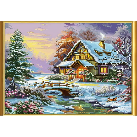 Snow Cottage Bridge Scenery DIY 11CT Stamped Cross Stitch Kits for Beginners Easy Needlepoint Embroidery Counted Cross Stitch Art Craft for Wall Decoration 12x16inch(2)