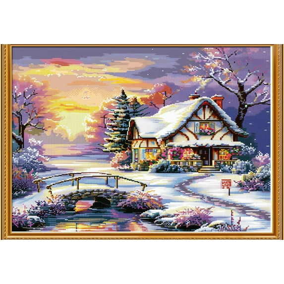 Snow Cottage Bridge Scenery DIY 11CT Stamped Cross Stitch Kits for Beginners Easy Needlepoint Embroidery Counted Cross Stitch Art Craft for Wall Decoration 12x16inch(4)