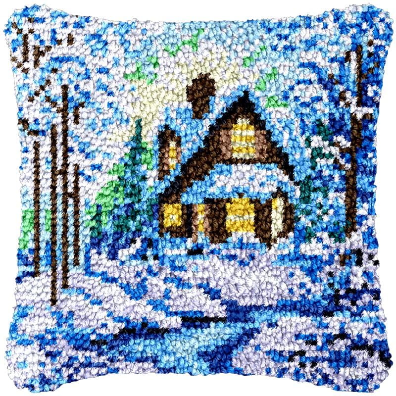 Snow Cottage House Latch Hook Pillow Cover Kits for Needlework Cushion Throw Pillow Cross Stitch Crochet Hook Pillowcase Rug Kits Printed Canvas Crochet Yarn Kits Needlework 17'' X 17''