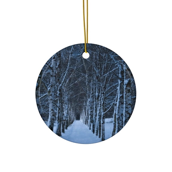 Snow Covered Birch Tree Forest Christmas 2D FLAT CIRCLE Ceramic Ornament