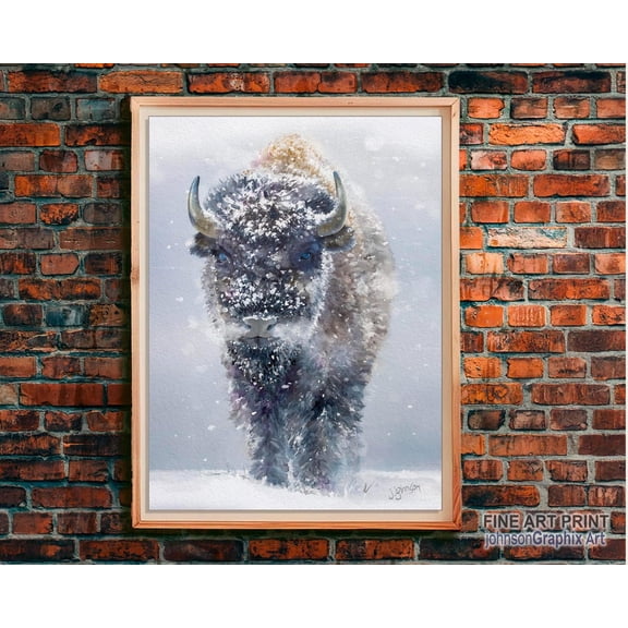Snow Covered Bison Winter Buffalo Minimalist Wall Art Print, Unframed Paper Poster 8x10in