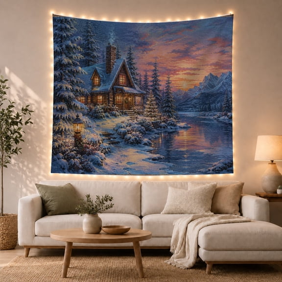 Snow-Covered Cabin by a Winter Lake at Sunset, Serene Rustic Wall Art for Nature Lovers, Alpine Scenery Decor, Housewarming Gift, Tapestry Wall Hanging for Living Room and Cabin