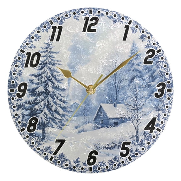 Snow Covered Cabin in Winter Round Wall Clock Battery Operated Silent Non-Ticking Bedroom Office Kitchen Home School Decor 10"(Gold)